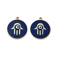 Ion Plating(IP) 316 Surgical Stainless Steel Pendants, Nickel Free, with Enamel, Real 18K Gold Plated, Flat Round Charm, Hamsa Hand, 20x18x2mm, Hole: 1.6mm(STAS-U014-58A-01)