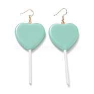 Heart-shape Lollipop Dangle Earrings for Women, Candy Color Simulation Food Drop Earrings, Golden, Medium Aquamarine, 97~99mm, Pin: 0.5mm(EJEW-Z015-04C)