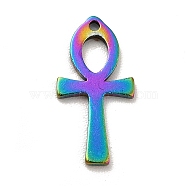 Ion Plating(IP) 201 Stainless Steel Pendants, Ankh Cross Charms, Rainbow Color, 14x7x1mm, Hole: 0.8mm(STAS-E176-20M)