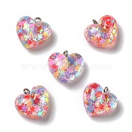 Transparent Resin Pendants, with Platinum Tone Iron Loops & Glitter Powder, Heart, Colorful, 17.5x18x10mm, Hole: 2mm(RESI-D055-087P)