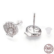 Rhodium Plated 925 Sterling Silver Micro Pave Cubic Zirconia Stud Earring Findings, with Peg Bails, for Half Drilled Beads, Shell/Scallop Shape, Nickel Free, with S925 Stamp, Real Platinum Plated, 10x10.5mm, Pin: 0.7mm(for Half Drilled Beads), Pin: 0.8mm(STER-T004-40P)