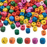 Natural Wood Beads, Dyed, Cube with Mixed Letter, Mixed Color, 10x10mm, Hole: 3mm, 500pcs/bag(WOOD-TA0001-49)
