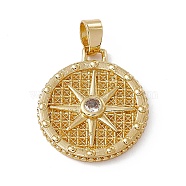 Rack Plating Brass Cubic Zirconia Pendants, Flat Round with Sun Charm, Long-Lasting Plated, Lead Free & Cadmium Free, Real 18K Gold Plated, 22.5x20x3mm, Hole: 3.6x3.2mm(KK-M236-16G)