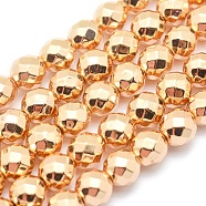 Electroplate Non-magnetic Synthetic Hematite Beads Strands, Grade AAA, Long-Lasting Plated, Faceted, Round, Light Gold Plated, 6mm, Hole: 1mm, about 73pcs/strand, 15.7 inch(40cm)(G-L485-03D-LG)
