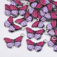 Printed Alloy Pendants, with Enamel, Butterfly, Platinum, Deep Pink, 13x20x2mm, Hole: 1.6mm(PALLOY-R111-13D)