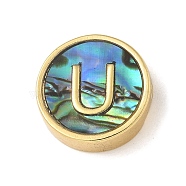 Brass Beads, with Resin Imitation Paua Shell, Flat Round, Real 14K Gold Plated, Letter U, 13.5x4mm, Hole: 1.6mm(KK-U046-17G-U)