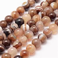 Natural Striped Agate/Banded Agate Bead Strands, Round, Grade A, Dyed & Heated, Coffee, 10mm, Hole: 1mm, about 37~38pcs/strand, 14.5 inch(G-K155-A-10mm-14)