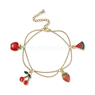 Alloy Enamel Fruit Charm Bracelets, with Ion Plating(IP) Light Gold 304 Stainless Steel Cable Chains, Cherry, 6-3/4 inch(17.3cm)(BJEW-JB09894-01)