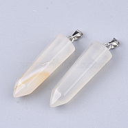 Natural White Agate Point Pendants, with Platinum Plated Brass Findings, Bullet, 35~37x10~11x9~10mm, Hole: 6~7x2.5~4mm(X-G-R220-34P)