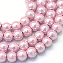 Baking Painted Pearlized Glass Pearl Round Bead Strands, Flamingo, 8~9mm, Hole: 1mm, about 105pcs/strand, 31.4 inch(X-HY-Q330-8mm-47)