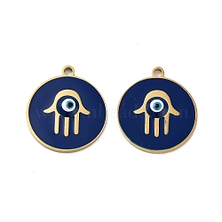 Ion Plating(IP) 316 Surgical Stainless Steel Pendants, Nickel Free, with Enamel, Real 18K Gold Plated, Flat Round Charm, Hamsa Hand, 20x18x2mm, Hole: 1.6mm(STAS-U014-58A-01)