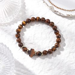 Natural Tiger Eye Cross Round Beaded Stretch Bracelets for Men Women, with Brass Spacer Beads, Real 18K Gold Plated, Inner Diameter: 2-3/8 inch(6.15cm)(BJEW-JB12258-01)