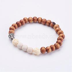 Natural Weathered Agate Beads & Woods Beads Stretch Bracelets, with Alloy Buddha Beads and Resin Lotus Beads, BurlyWood, 2-3/8 inch(59mm)(BJEW-JB02974)