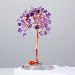Natural Amethyst Chips Tree of Life Decorations, Natural Agate with Copper Wire Feng Shui Energy Stone Gift for Home Office Desktop Decoration, 110~120mm(PW-WG54461-07)