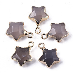 Natural Grey Agate Pendants, with Light Gold Plated Edge and Brass Loop, Star, Faceted, 16~17x13x6.5mm, Hole: 1.6mm(G-N326-36C)