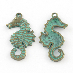 Zinc Alloy SeaHorse Pendants, Cadmium Free & Lead Free, Antique Bronze & Green Patina, 38x20x2mm, Hole: 2mm(X-PALLOY-R065-027-LF)