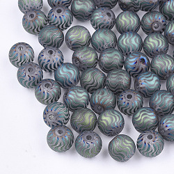 Electroplate Glass Beads, Frosted, Round with Wave Pattern, Cadet Blue, 8~8.5mm, Hole: 1.5mm(EGLA-S178-02B)