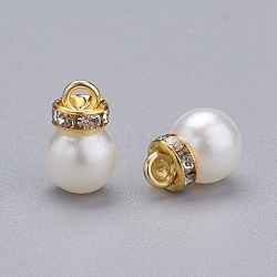 Acrylic Pearl Pendants, with Crystal Rhinestone and Golden Tone Iron Loop, Round, White, 15x10mm, Hole: 2mm(X-IFIN-I031-02B-G)