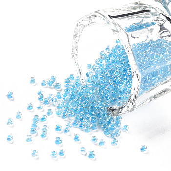 11/0 Grade A Round Glass Seed Beads, Transparent Inside Colours, AB Color Plated, Deep Sky Blue, 2.3x1.5mm, Hole: 1mm, about 48500pcs/pound