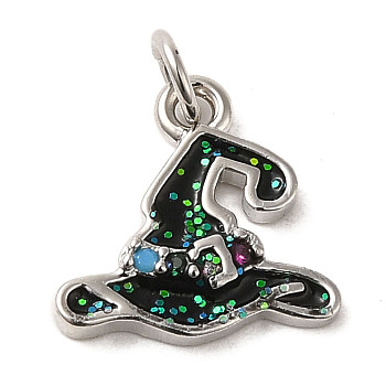 Halloween Sequins Brass Enamel Pendants, with Rhinestone and Jump Ring, Witch Hat Charm, Platinum, 11x11x2mm, Hole: 2.3mm
