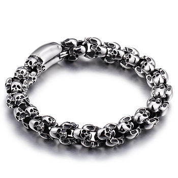 Titanium Steel Skull Link Chain Bracelet for Men, Antique Silver, 9-5/8 inch(24.5cm)