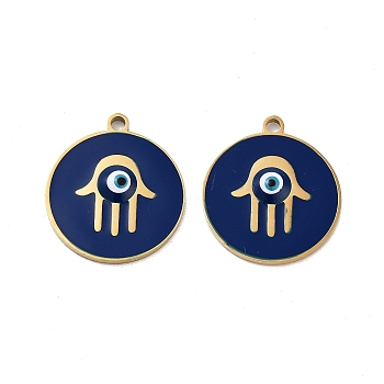 Ion Plating(IP) 316 Surgical Stainless Steel Pendants, Nickel Free, with Enamel, Real 18K Gold Plated, Flat Round Charm, Hamsa Hand, 20x18x2mm, Hole: 1.6mm