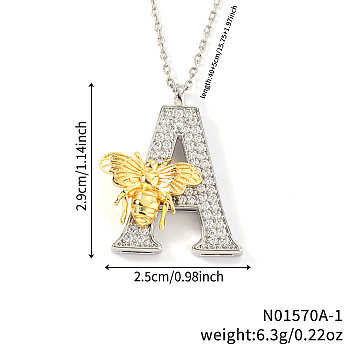 Brass Micro Pave Clear Cubic Zirconia Bee Initial Pendant Necklaces, Platinum & Golden, Letter A, 15.75 inch(40cm), pendant: 29x25mm
