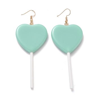 Heart-shape Lollipop Dangle Earrings for Women, Candy Color Simulation Food Drop Earrings, Golden, Medium Aquamarine, 97~99mm, Pin: 0.5mm
