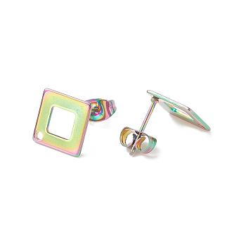 Ion Plating(IP) 304 Stainless Steel Stud Earring Findings for Dangle Charms, Rhombus, Rainbow Color, Rhombus: 13.5x13.5mm, Hole: 1.2mm, Pin: 0.7mm, Side Length: 10mm
