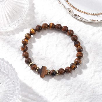 Natural Tiger Eye Cross Round Beaded Stretch Bracelets for Men Women, with Brass Spacer Beads, Real 18K Gold Plated, Inner Diameter: 2-3/8 inch(6.15cm)