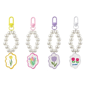 Alloy Acrylic Pendant Decorations, with Imitation Pearl Acrylic Beads, Flower Patterns, Mixed Color, 126mm, 4pcs/set