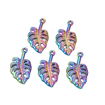 Ion Plating(IP) 304 Stainless Steel Pendants, Tropical Leaf Charms, Monstera Leaf, Rainbow Color, 35x19.5x2.5mm, Hole: 2mm