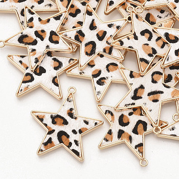 Eco-Friendly Cowhide Leather  Pendants, with Golden Plated Alloy Cabochon Settings, Star with Leopard Print Pattern, Linen, 36.5x35x2~3mm, Hole: 1.8mm