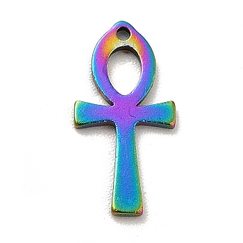 Ion Plating(IP) 201 Stainless Steel Pendants, Ankh Cross Charms, Rainbow Color, 14x7x1mm, Hole: 0.8mm