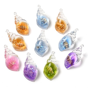 10Pcs Transparent Resin Conch Shell Pendants, Conch Charms with Natural Shell Inside, Mixed Color, 39x19.5x15mm, Hole: 1.8mm