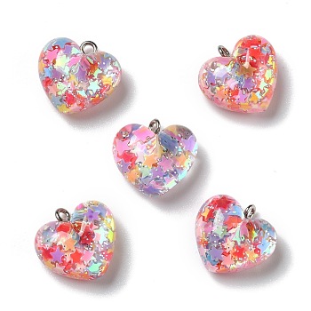 Transparent Resin Pendants, with Platinum Tone Iron Loops & Glitter Powder, Heart, Colorful, 17.5x18x10mm, Hole: 2mm