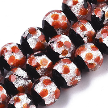 Handmade Silver Foil Lampwork Beads Strands, Round, Orange Red, 11.5~12.5x11~12mm, Hole: 1mm, about 40pcs/Strand, 17.72 inch