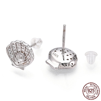 Rhodium Plated 925 Sterling Silver Micro Pave Cubic Zirconia Stud Earring Findings, with Peg Bails, for Half Drilled Beads, Shell/Scallop Shape, Nickel Free, with S925 Stamp, Real Platinum Plated, 10x10.5mm, Pin: 0.7mm(for Half Drilled Beads), Pin: 0.8mm