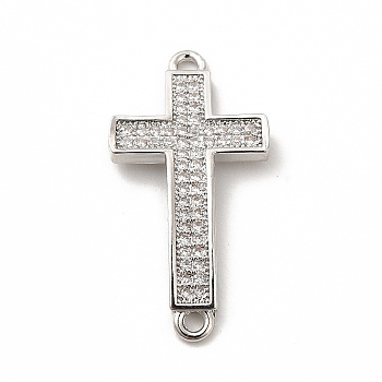 Rack Plating Brass Micro Pave Clear Cubic Zirconia Connector Charms, Cadmium Free & Lead Free, Religion Cross Links, Platinum, 26x13.5x3mm, Hole: 1.5mm