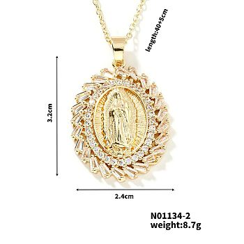 Golden Tone Brass Pave Cubic Zirconia Virgin Mary Pendant Necklaces, Fashion Accessory for Women, Clear, 15.75 inch(40cm)