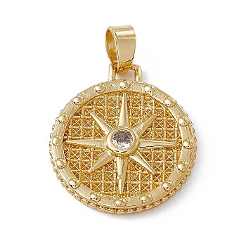 Rack Plating Brass Cubic Zirconia Pendants, Flat Round with Sun Charm, Long-Lasting Plated, Lead Free & Cadmium Free, Real 18K Gold Plated, 22.5x20x3mm, Hole: 3.6x3.2mm