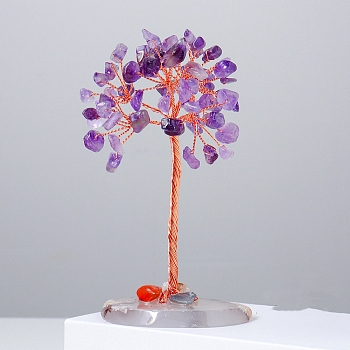 Natural Amethyst Chips Tree of Life Decorations, Natural Agate with Copper Wire Feng Shui Energy Stone Gift for Home Office Desktop Decoration, 110~120mm