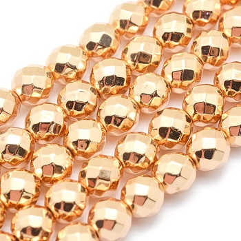 Electroplate Non-magnetic Synthetic Hematite Beads Strands, Grade AAA, Long-Lasting Plated, Faceted, Round, Light Gold Plated, 6mm, Hole: 1mm, about 73pcs/strand, 15.7 inch(40cm)
