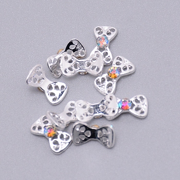 Alloy Rhinestone Cabochons, Nail Art Decoration Accessories, Hollow Bowknot, Cadmium Free & Lead Free, Silver, Crystal AB, 5x9.5x3.5mm