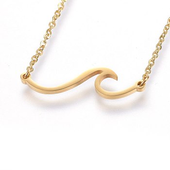 304 Stainless Steel Pendant Necklaces, with Cable Chains and Lobster Claw Clasps, Wave, Golden, 18.11 inch(46cm), 1.5mm