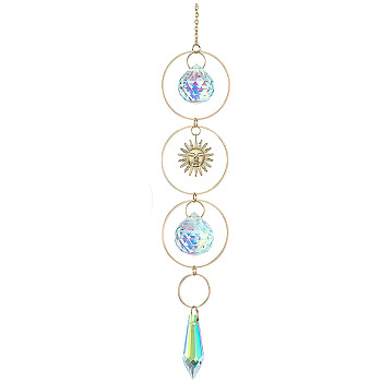 Iron Big Pendant Decorations, Sun Crystal Glass Hanging Sun Catchers, with Brass Findings, for Garden, Wedding, Lighting Ornament, Sun, 360mm