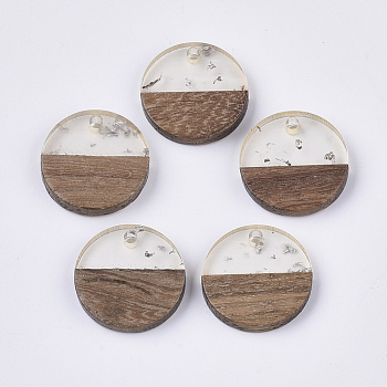 Transparent Resin & Walnut Wood Pendants, with Silver Foil, Flat Round, Silver, 18x3.5mm, Hole: 1.5mm