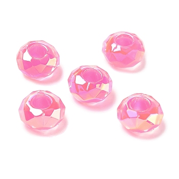 Electroplate Transpant Resin European Beads, Large Hole Beads, Rondelle, Faceted, Hot Pink, 14x8mm, Hole: 5.5mm