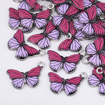 Printed Alloy Pendants, with Enamel, Butterfly, Platinum, Deep Pink, 13x20x2mm, Hole: 1.6mm
