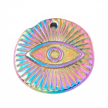 Ion Plating(IP) 304 Stainless Steel Pendants, Flat Round with Eye Pattern, Rainbow Color, 18.5x2.5mm, Hole: 1.2mm